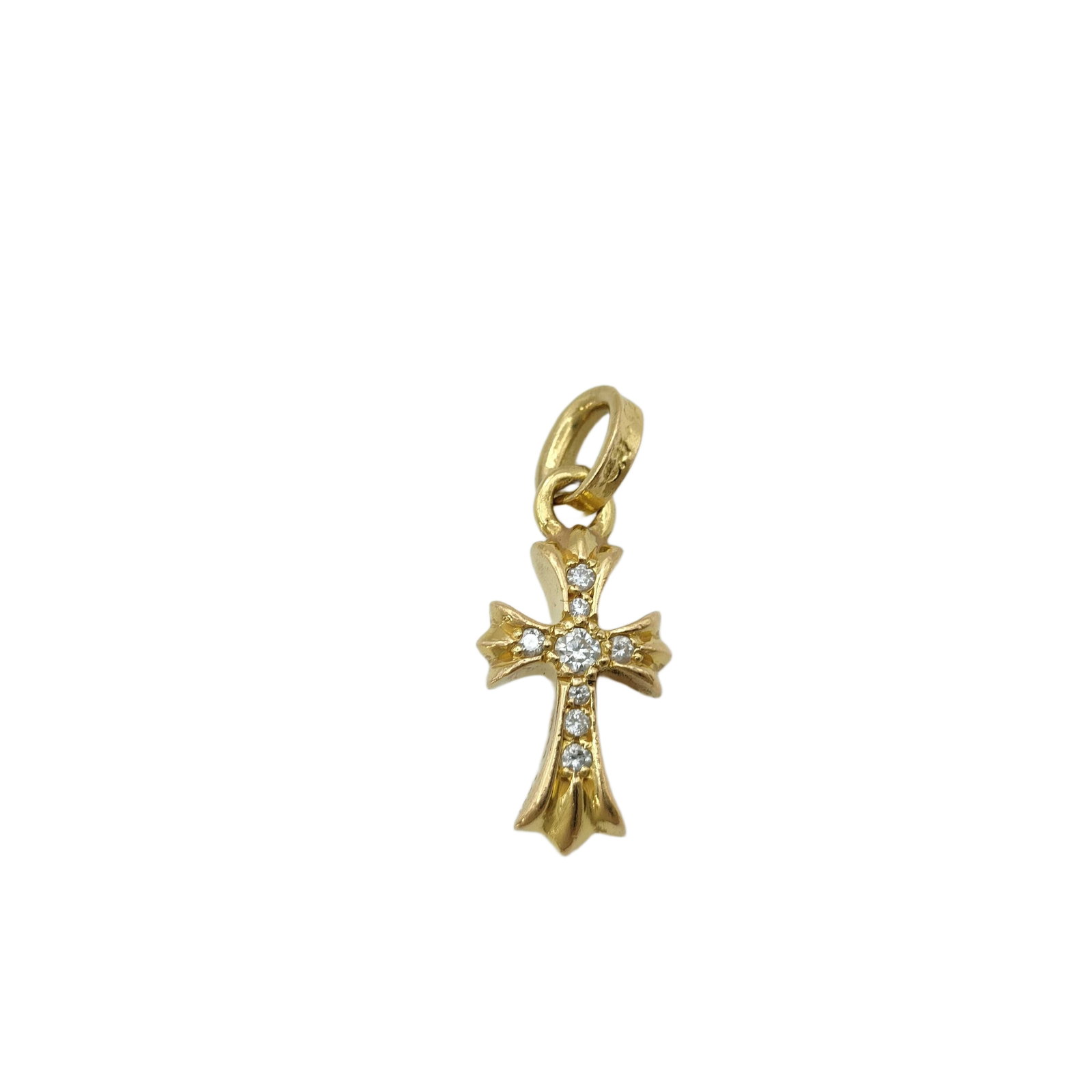 Chrome Hearts Diamond Baby Fat Cross 22K Gold Charm Pendant: Description: Iconic Baby Fat cross charm pendant crafted in solid gold, featuring Chrome Hearts’ signature gothic cross silhouette set with natural diamonds throughout the center. The compact sc