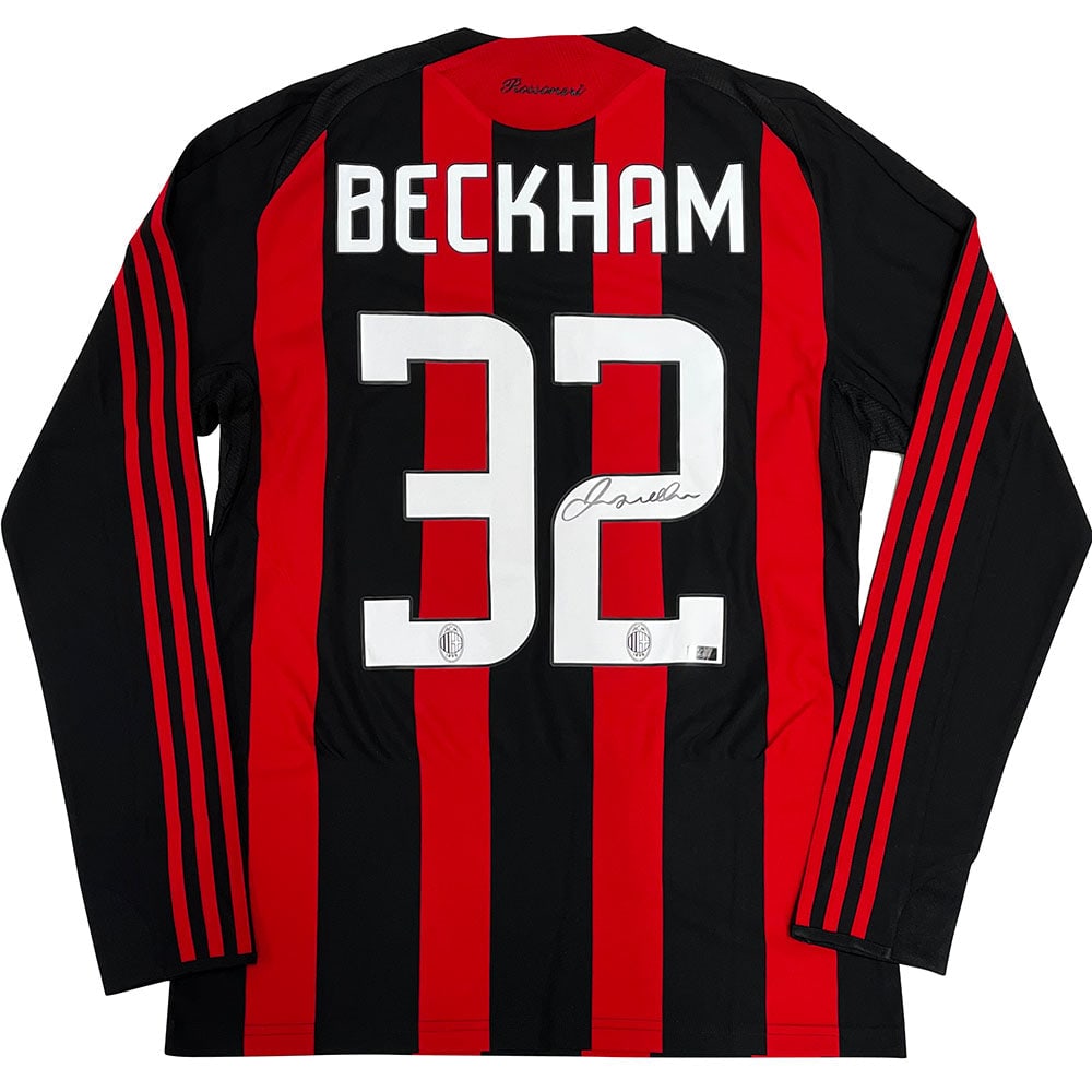 David Beckham Autographed 2008-09 AC Milan Home Jersey: Title/Medium: David Beckham Autographed 2008–09 AC Milan Home Jersey Get your very own official 2008–09 AC Milan home jersey that has been autographed by English soccer legend – Davi