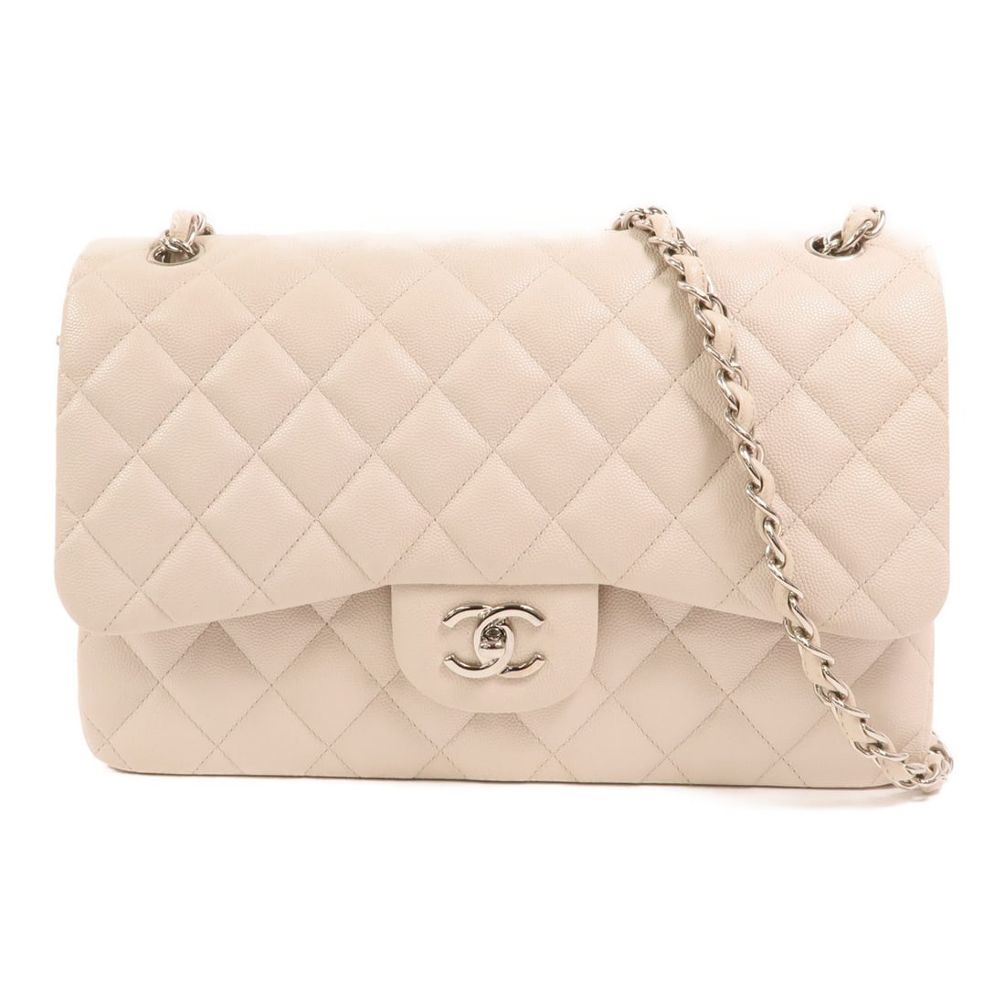 Chanel Beige Quilted Caviar Jumbo Flap Bag: Title/Medium: Chanel Beige Quilted Caviar Jumbo Classic Double Flap Origin/Year: Chanel, Contemporary Dimensions: W: 30cm (11.8 inches) x H: 20cm (7.9 inches) x D: 9cm (3.5 inches) Condition: Pre-owne