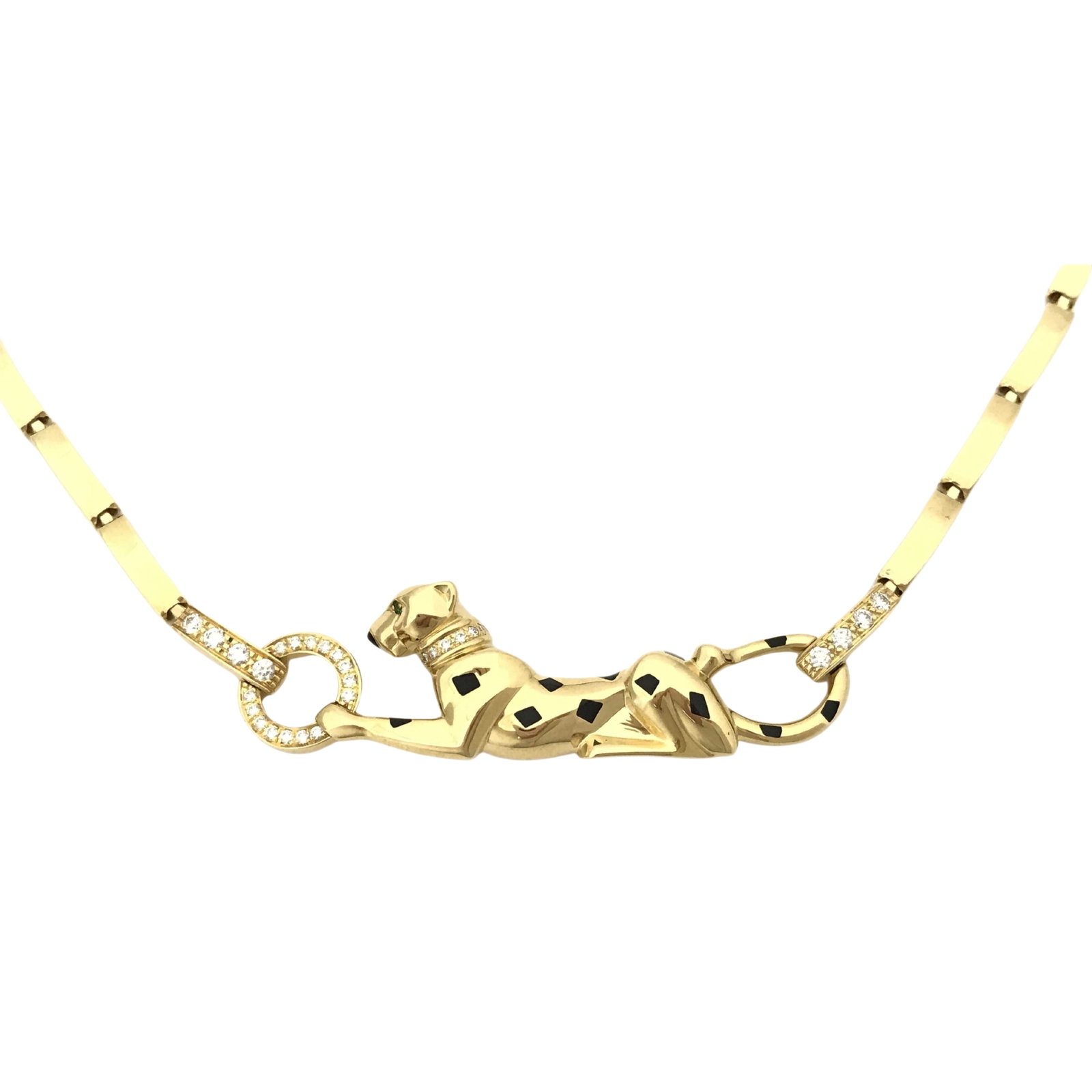 Cartier Panthere Diamond Tsavorite Black Lacquer 18K Yellow Gold Necklace: Description: Cartier Panthere necklace crafted in 18K yellow gold and accented with natural diamonds, vivid tsavorites, and black lacquer. From the iconic Panthere collection, this exceptional necklac
