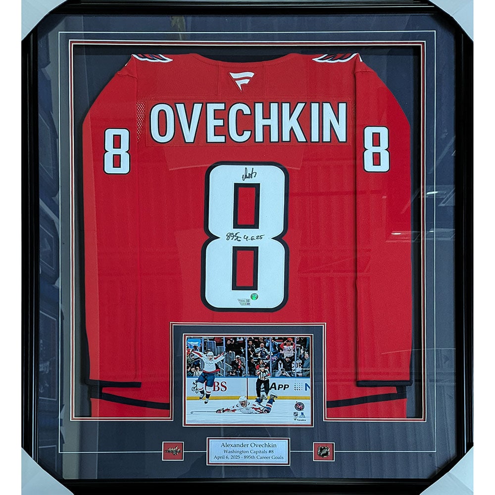 Alex Ovechkin Framed Autographed Washington Capitals Pro Jersey w/"895G 4.6.25": Title/Medium: Alex Ovechkin Framed Autographed Washington Capitals Pro Jersey w/"895G 4.6.25" Get your very own framed pro jersey that has been autographed by the NHL's all-time leading goal scorer &#