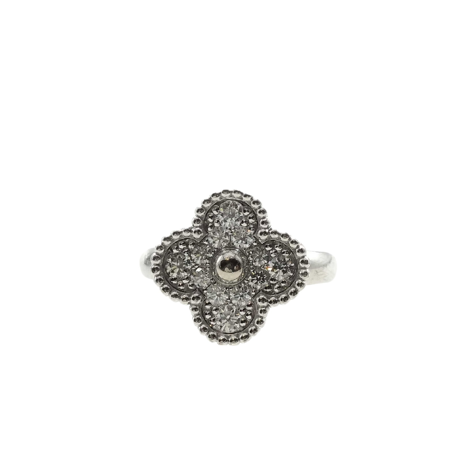 Van Cleef & Arpels Vintage Alhambra Pave Diamond 18K White Gold Ring: Description: Van Cleef & Arpels Alhambra ring crafted in 18K white gold and accented with natural pave set diamonds. From the iconic Alhambra collection, this elegant ring features the maison's