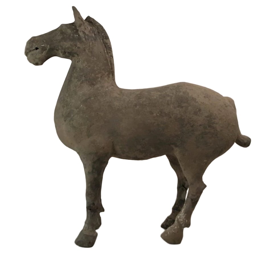 Genuine Antique Han Dynasty Grey Horse Sculpture: Title/Medium: Genuine Antique Han Dynasty Grey Horse Sculpture Origin/Year: Han Dynasty, 206 BC–220 AD Dimensions: 34 cm L x 34 cm H Condition: Weathered and aged appearance, authentic Provenanc