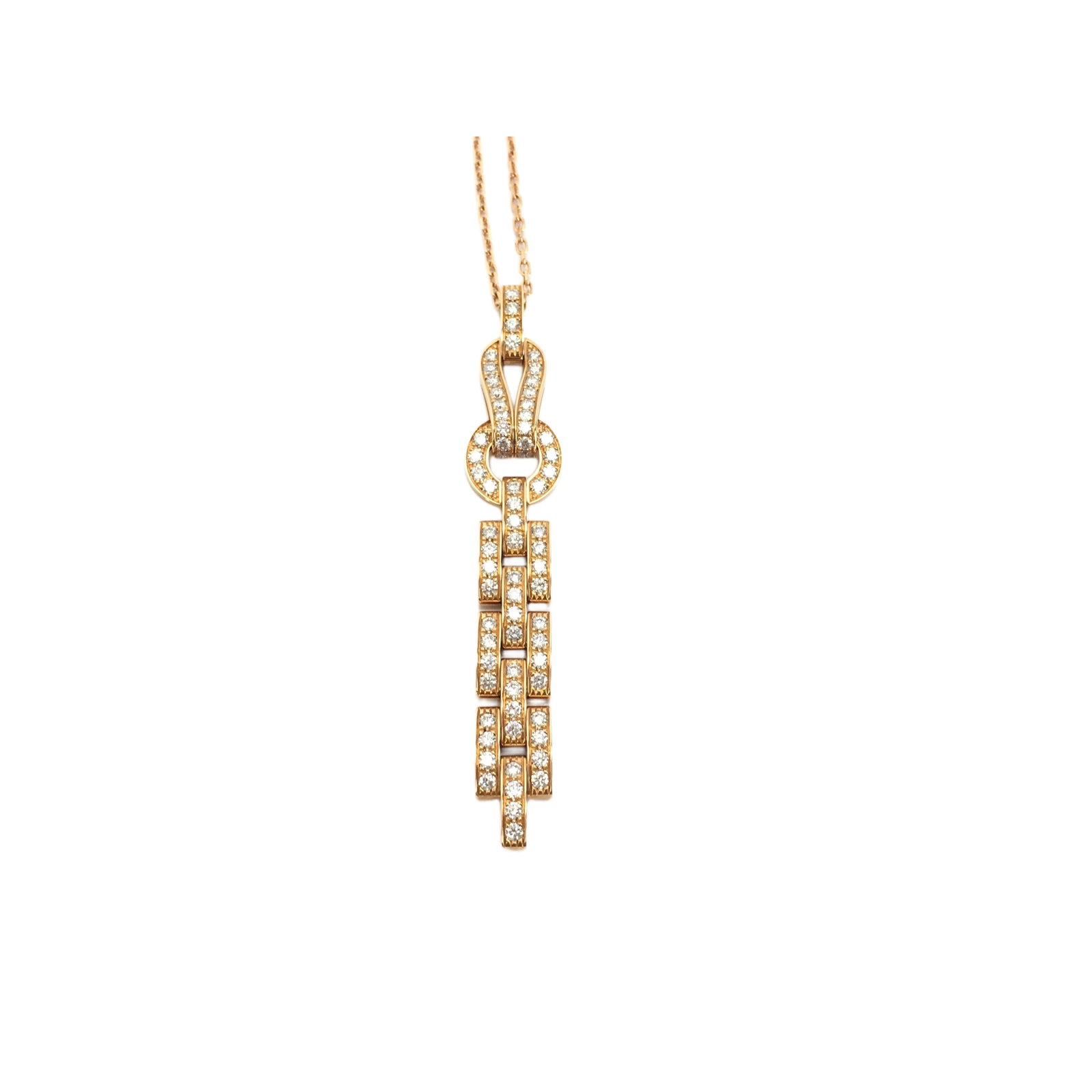 Cartier Agrafe Diamond Pave 18K Yellow Gold Pendant Necklace: Description: Cartier Agrafe pendant necklace crafted in 18K yellow gold and accented with pave set natural diamonds. Featuring the distinctive Agrafe motif, this elegant design combines sculptural lin