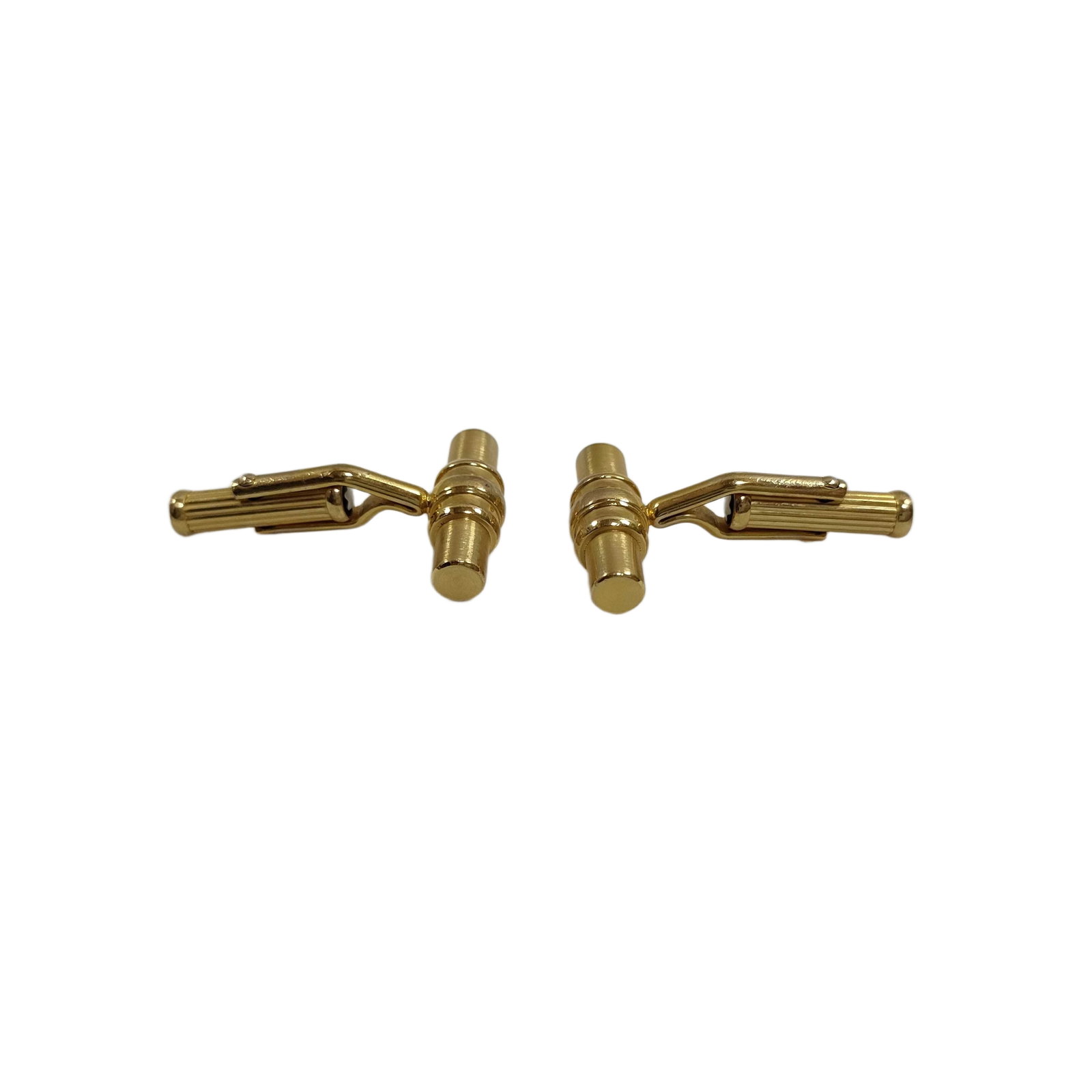 Vintage Montblanc Gold Tone Gavel Bar Cufflinks, Pair: Title/Medium: Vintage Montblanc gold tone metal gavel-form bar cufflinks, matching pair. Origin/Year: Montblanc; vintage period. Exact origin and date are not specified. Dimensions: Dimensions are not