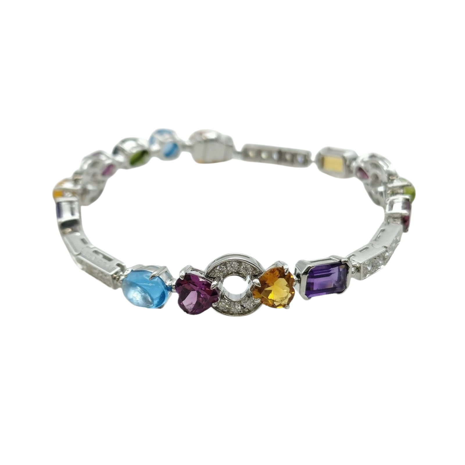 Bvlgari Allegra Multi Gemstone Diamond 18K White Gold Bracelet: Description: Bvlgari Allegra bracelet crafted in 18K white gold and accented with natural diamonds and vibrant multi colored gemstones. From the Allegra collection, this elegant bracelet combines colo