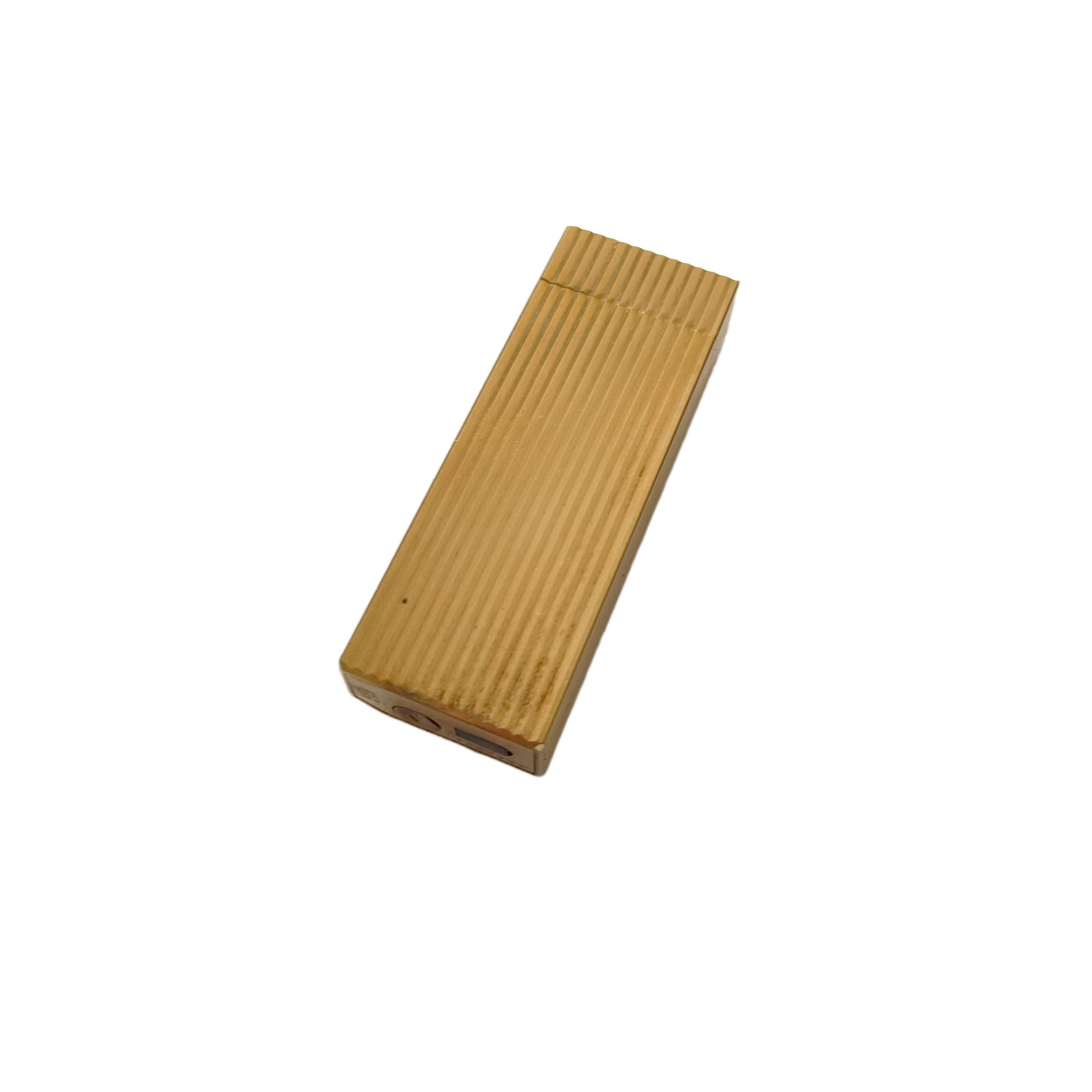 Vintage Cartier Gold Tone Ribbed Metal Rectangular Lighter: Title/Medium: Vintage Cartier gold tone metal rectangular lighter with vertical ribbed finish. Origin/Year: Cartier; vintage period. Exact country of origin and date are not provided. Dimensions: Dime