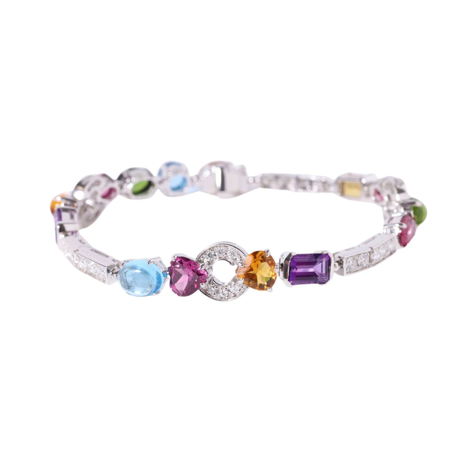 Bvlgari Allegra Multi Gemstone Diamond 18K White Gold Bracelet: Description: Bvlgari Allegra bracelet crafted in 18K white gold and accented with natural diamonds and vibrant multi colored gemstones. From the Allegra collection, this elegant bracelet combines colo