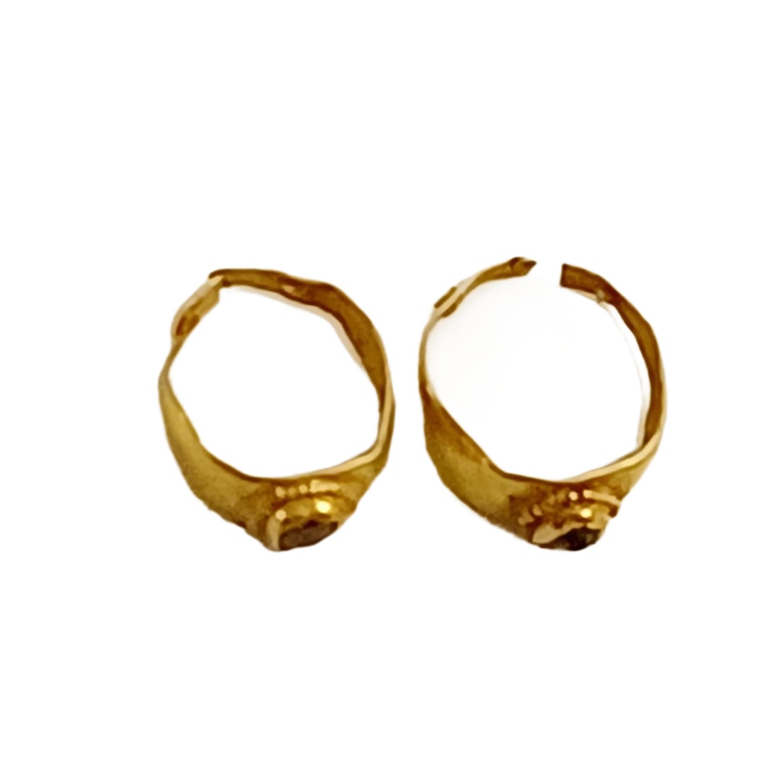 Ancient Gold Earrings with Stone Inlays: Title: Ancient Gold Earrings with Stone Inlays Medium: Gold and Gemstone Inlays Origin/Year: Greek, Phoenician or Near Eastern, 1st Millennium BC Dimensions: Not specified Condition: Antique, well-pre