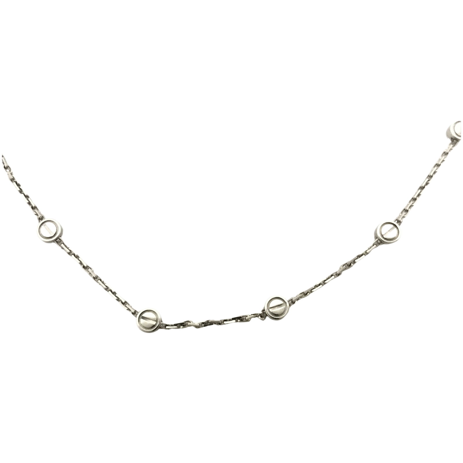 Cartier Love 8 Screw Motif 18K White Gold Station Necklace: Description: Cartier Love 8 Screw Motif station necklace crafted in 18K white gold. From the iconic Love collection, this elegant necklace features eight signature screw motifs evenly spaced along a r