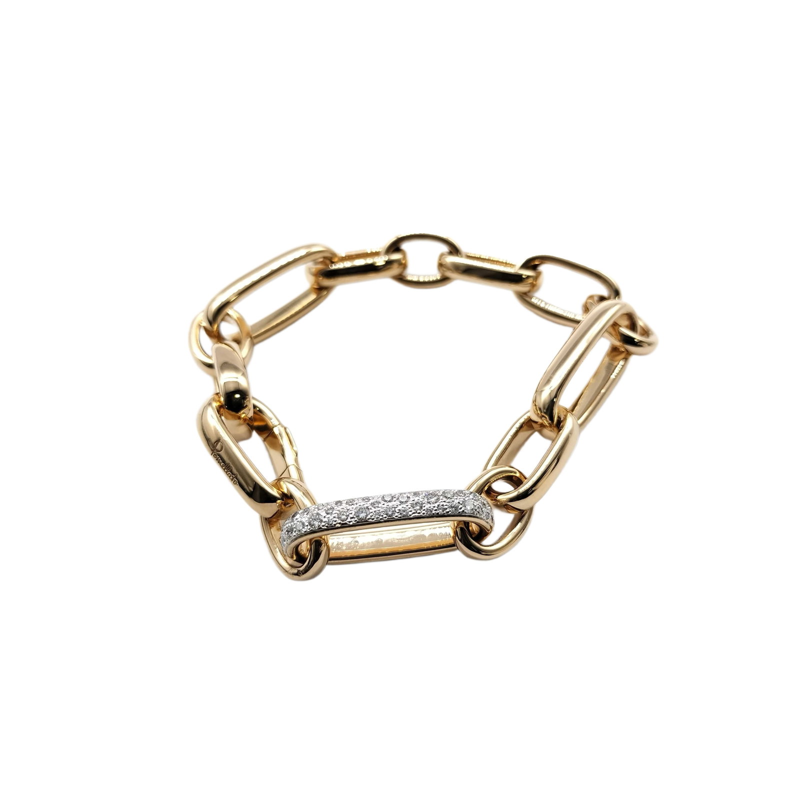 Pomellato Diamond Heavy Link 18K Rose Gold Bracelet: Description: Elegant Pomellato bracelet crafted in solid 18K rose gold, featuring bold elongated link elements connected in a modern chain design. One of the links is set with sparkling diamonds, addi