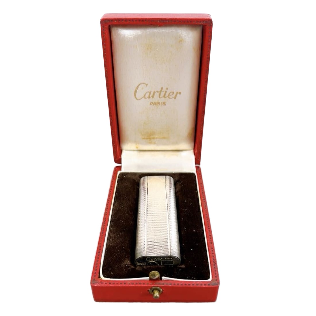 Vintage Cartier Paris Silver Tone Metal Rectangular Lighter with Box: Title/Medium: Vintage Cartier Paris rectangular lighter in silver-tone metal. Origin/Year: Cartier Paris; vintage period. Dimensions: Not provided. Condition: Pre-owned vintage condition with surface 