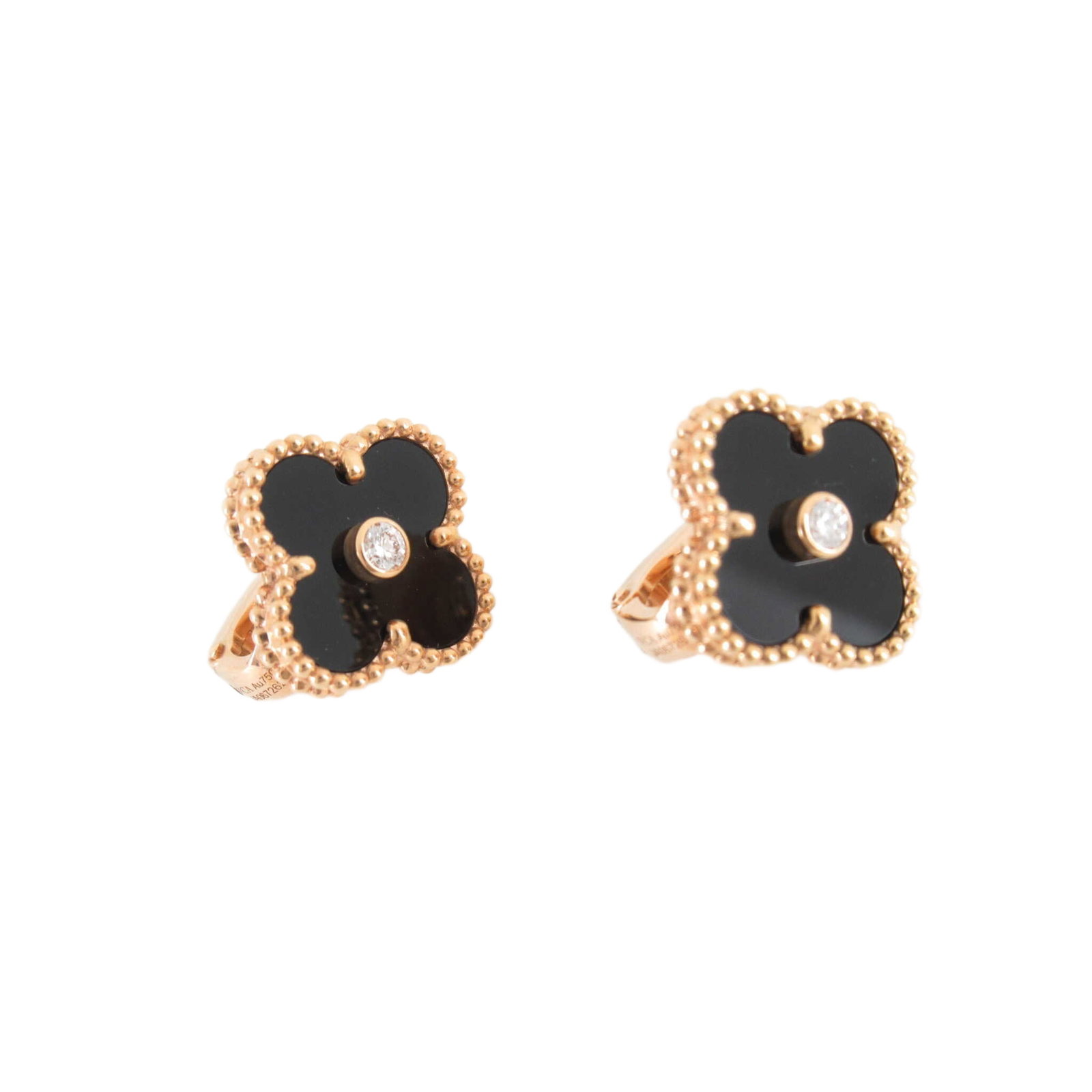 Van Cleef & Arpels Vintage Alhambra Black Onyx Diamond 18K Rose Gold Limited Edition Earrings: Description: Van Cleef & Arpels Vintage Alhambra earrings crafted in 18K rose gold and featuring the Maison's iconic clover motifs accented with black onyx and natural diamonds. Combining the stri