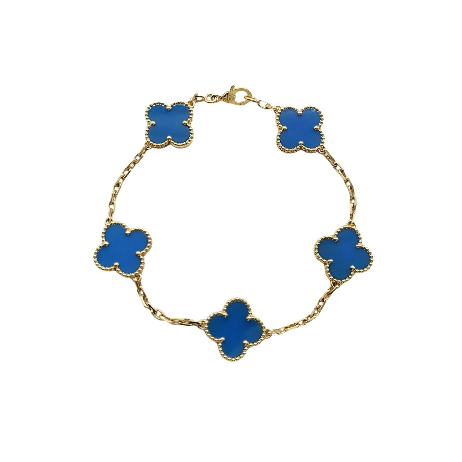Van Cleef & Arpels Vintage Alhambra Blue Agate 18K Yellow Gold 5 Motif Bracelet: Description: Van Cleef & Arpels Vintage Alhambra 5 Motif bracelet crafted in 18K yellow gold and accented with natural blue agate. From the iconic Vintage Alhambra collection, this elegant bracele