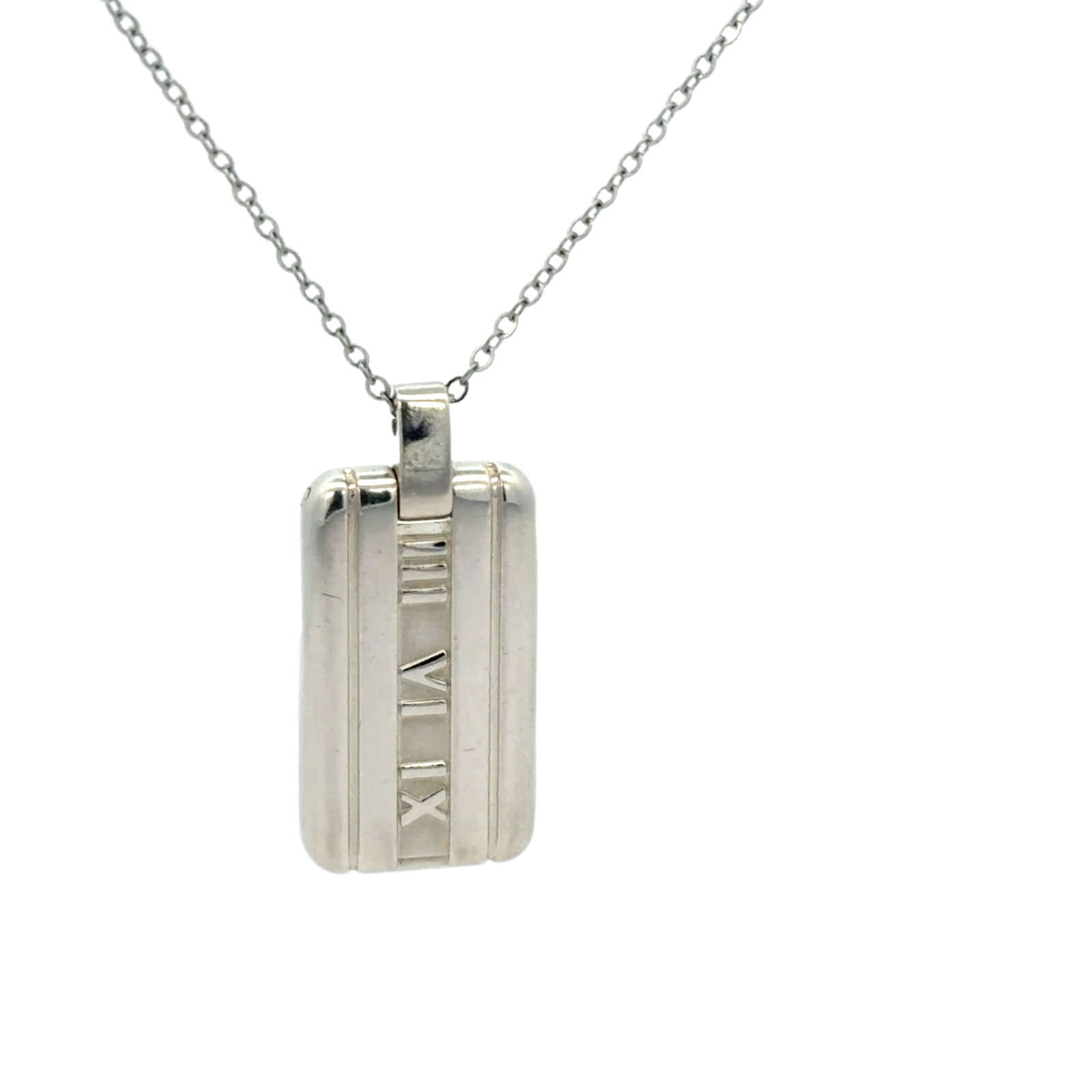 Tiffany & Co. Atlas Tag 925 Sterling Silver Medallion Pendant Necklace: Title/Medium: Tiffany & Co. Atlas Tag 925 Sterling Silver Medallion Pendant Necklace Origin/Year: Tiffany & Co.; year not specified Dimensions: Dimensions not provided Condition: Authentic and verifie