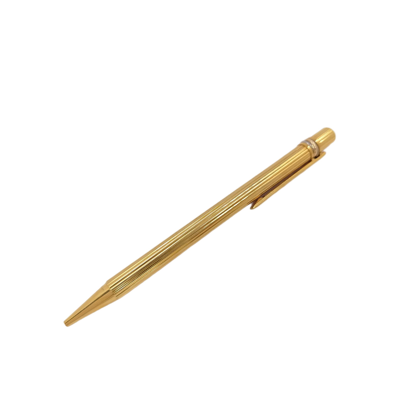 Cartier Vintage Gold-Tone Textured Metal Ballpoint Pen: Title/Medium: Cartier vintage gold-tone metal ballpoint pen with textured linear body. Origin/Year: Cartier; vintage period. Condition: Pre-owned vintage condition with light surface wear, scratches, 