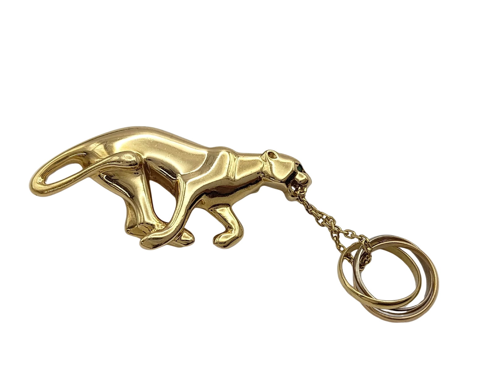 Cartier Trinity Panthere 18K Yellow Gold Vintage Pin Brooch: Description: Vintage Cartier Panthere pin brooch crafted in 18K yellow gold, featuring the Maison's iconic sculptural panther motif with a suspended Trinity ring detail. The three interlocking rings a