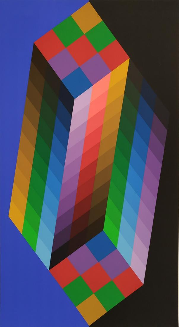 Victor Vasarely 1908-1997 (French, Hungarian): colorful silk screen print. signed in pencil numbered (215\300) Size- 50*90 cm without the frame. The outer frame has creases no harm to the work itself.