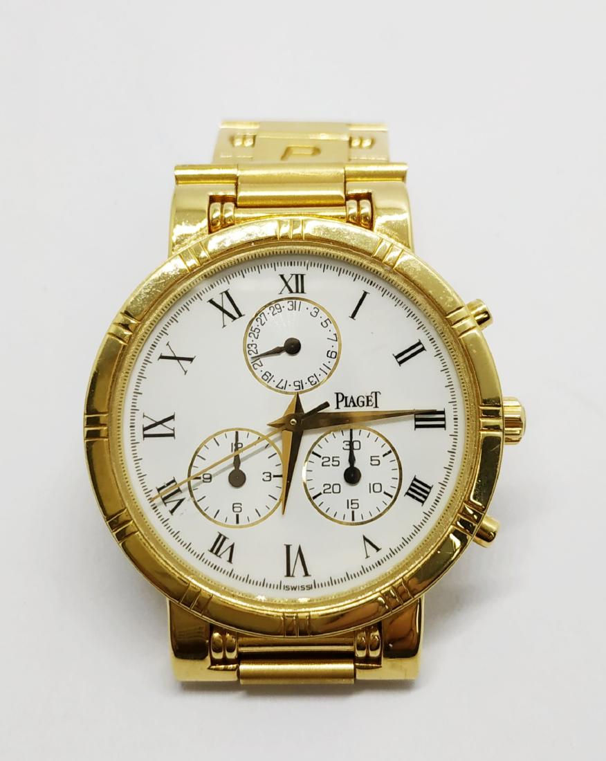 An 18 Karat Yellow Gold Haute Complication Wristwatch,: 18 karat yellow gold case measuring 31 mm in diameter, white dial signed Piaget Swiss with black Roman numerals, gold dauphine hands and sweeping gold second hand, three sub-dials at 4, 7 and 12 o'clo