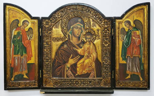 Hand made impressive colorful Russian icon - Triptych: Impressive wood carving work opens to both sides when the icon is in the center, ancient writing probably from the beginning of the 19th century. size: 50*63 cm width when closed 102*63 cm when open