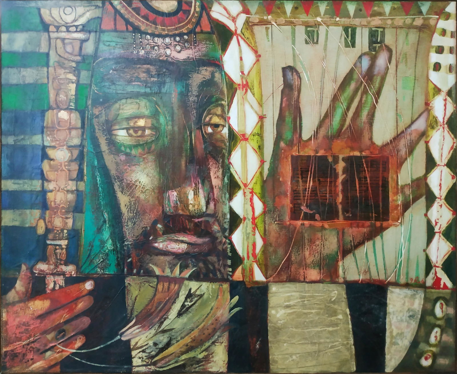 Alexander GUREVICH (1944)- "David playing a harp": Oil and mixed media combined with collage on canvas signed, dated and described. size: 105*88 cm including the frame: 108*90 cm Alexander GUREVICH is a Jewish artiest , born in Russia graduated art sc