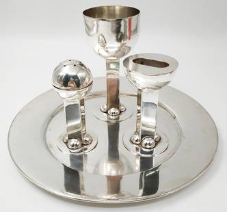 Modern havdala set by Yaakov Greenvurcel: Modern havdala set by Yaakov Greenvurcel , Bezalel graduate The set is designed in a art deco style and includes an cup, spice box a candle stick and a tray. silver 925, signed . weight:1484 size-