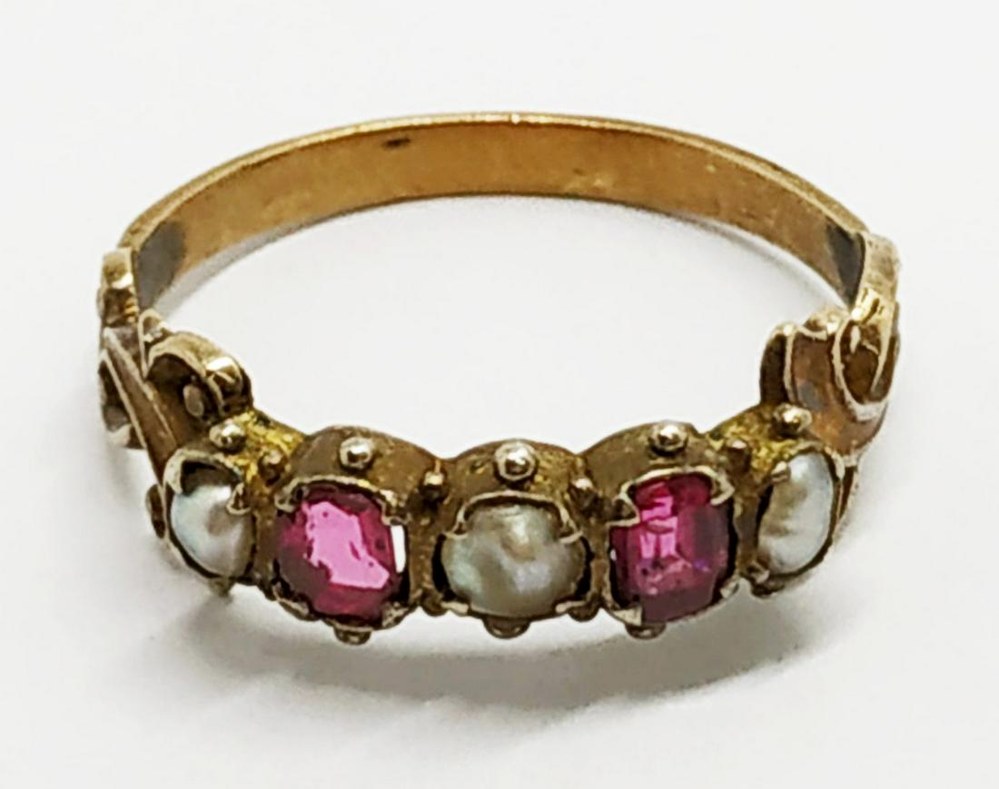 Rococo Antique gold ring - ruby and pearls (1 of 6)