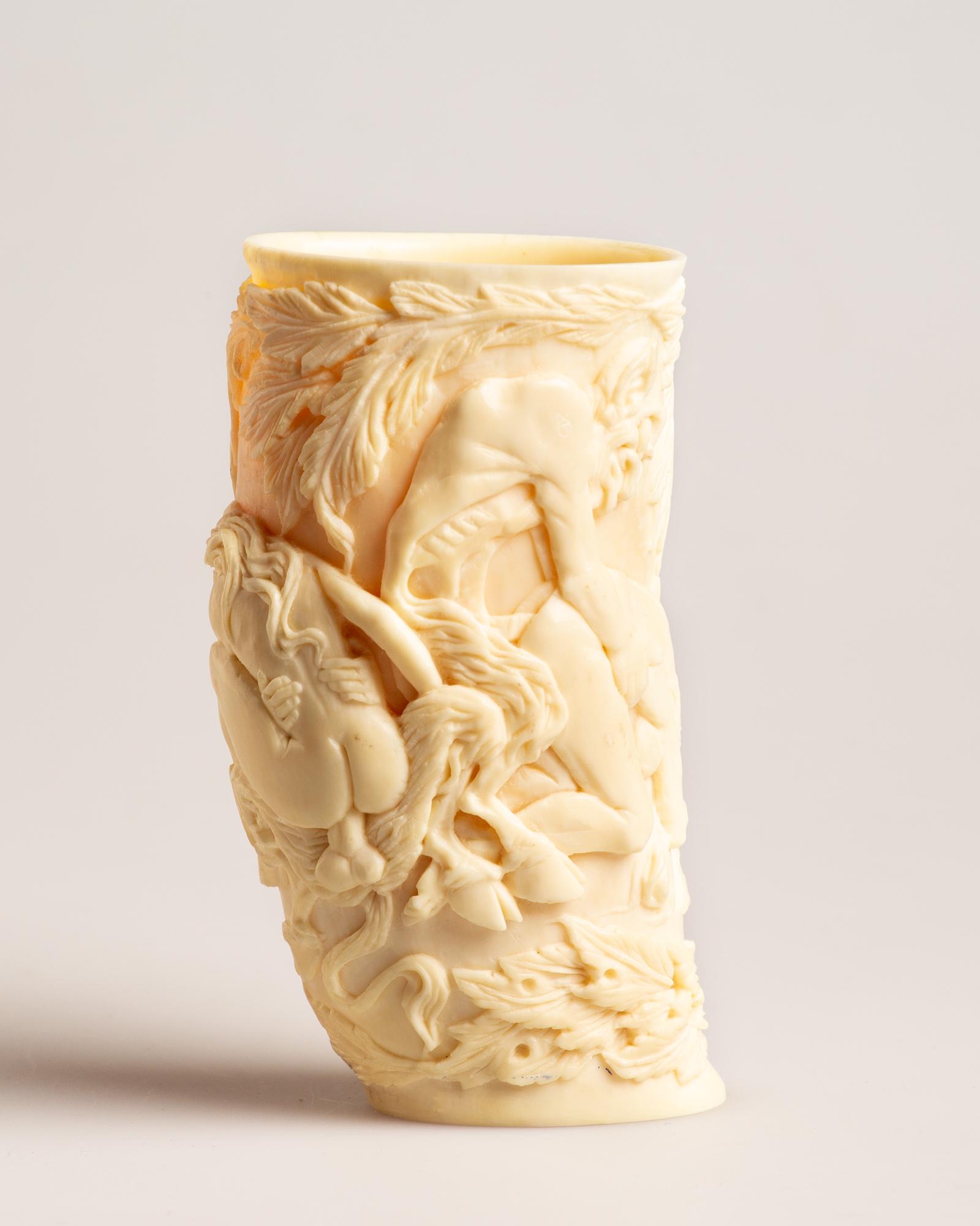 A lovely, erotic, contemporary, antler / bone curving: A lovely, erotic, contemporary, antler / bone curving. The curving depicting an orgy of satyrs and young maidens, a subject of the Greek and Roman mythology. A work by the Russian artist Kharitonov. 9