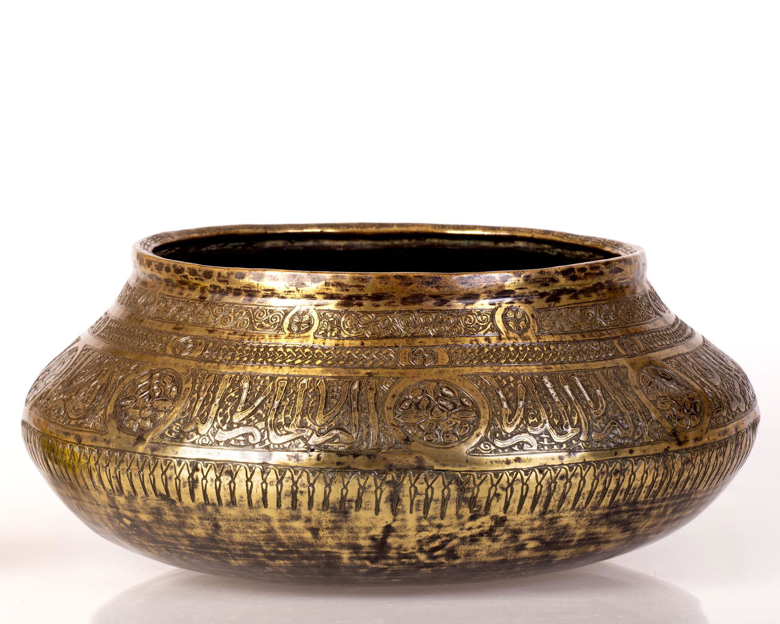Large signed Islamic Damascus silver inlay brass bowl (1 of 3)