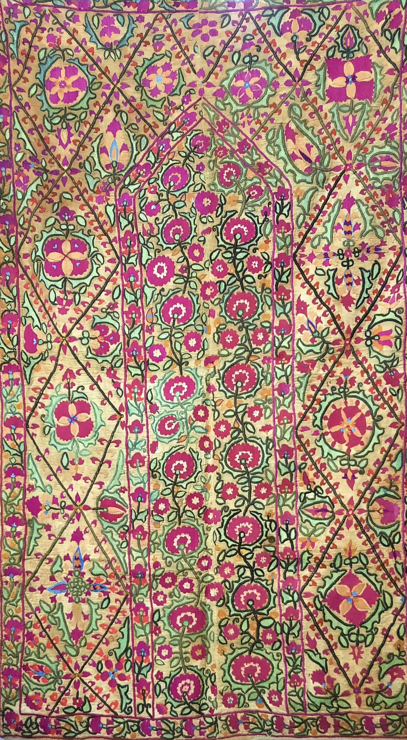 early suzani floral embroidery Bukhara 19th c Islamic: The early suzani embroidery is finely adorned with floral and organic motif. embroidery sits on finely woven fabric. backing reinforcement added by museum dimensions : 144*85cm *collection of Richard 