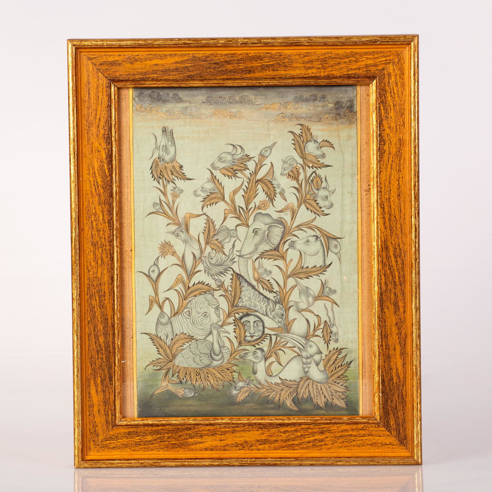 Unique Persian or Ottoman miniature - 1880-1900: The art work is painted on the back of a page from a Koran. Leaves painted in gold color with animal heads sprouting out of them. Elephant, Duck, wolf, camel, tiger and many more animals painted in a 