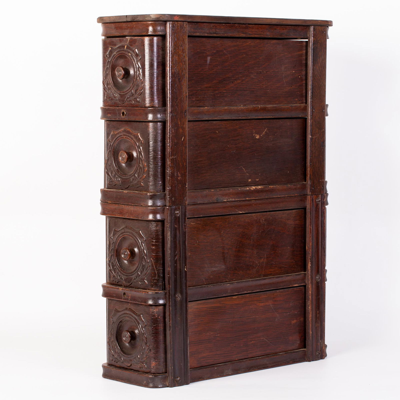 Old Desk Drawer for Miniature Tools: Old Desk Drawer for Miniature Tools, composed of 4 side drawers of an antique sewing table, dimensions: 53X38X15.5 cm.