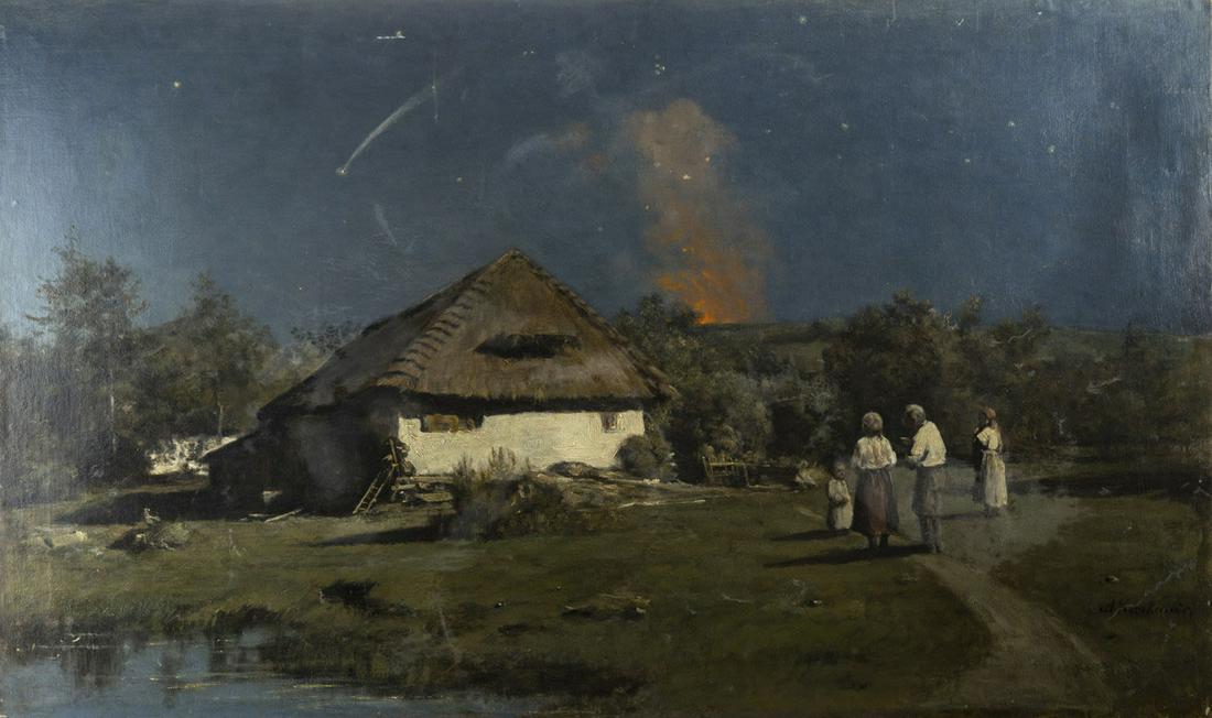 Unknown artist - Fire in a rural landscape - signed (1 of 3)