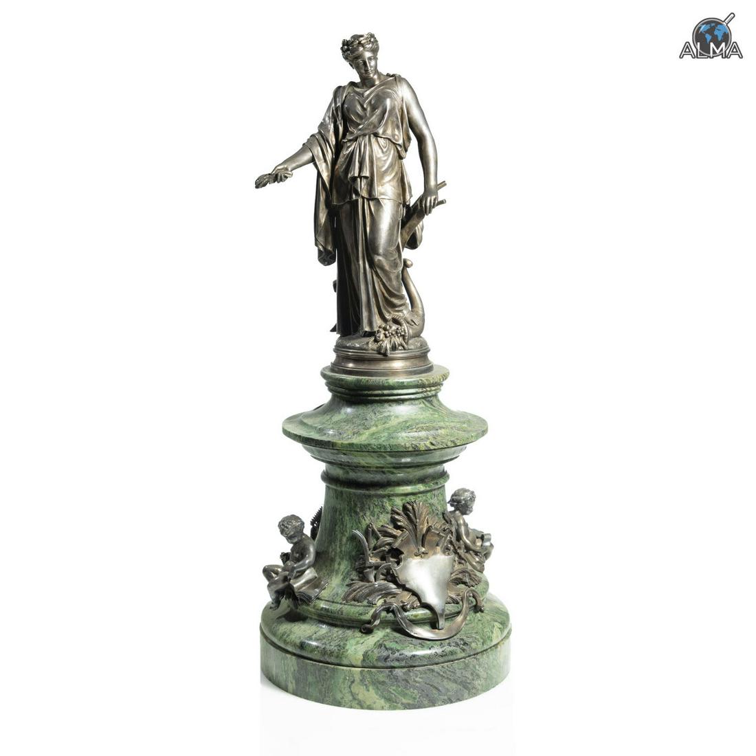 Large Russian Marble & Silver Sculpture signed Grachev: Large-sized Rare Marble & Silver Sculpture. Sold by the Grachev company, Russia, circa 1900. Silver sculpture in the model of a Neo-Classical woman dressed in a Toga and stepping on a cornucopia.