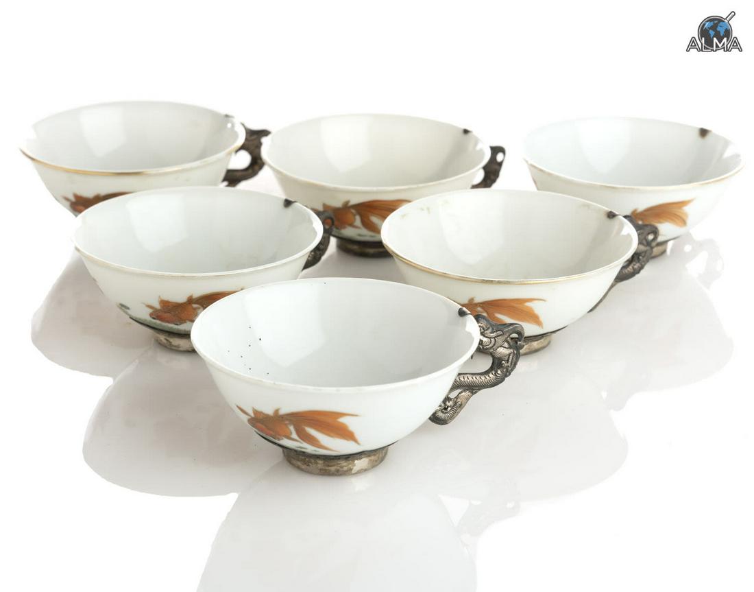 Set of 6 japanese Chinese Porcelain/silver Tea Cups (1 of 2)