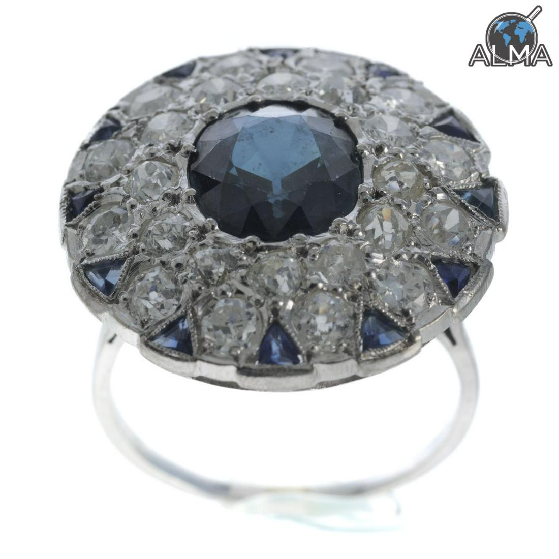 18K White Gold Art-Deco Ring Set w/ Sapphire & Diamonds (1 of 3)