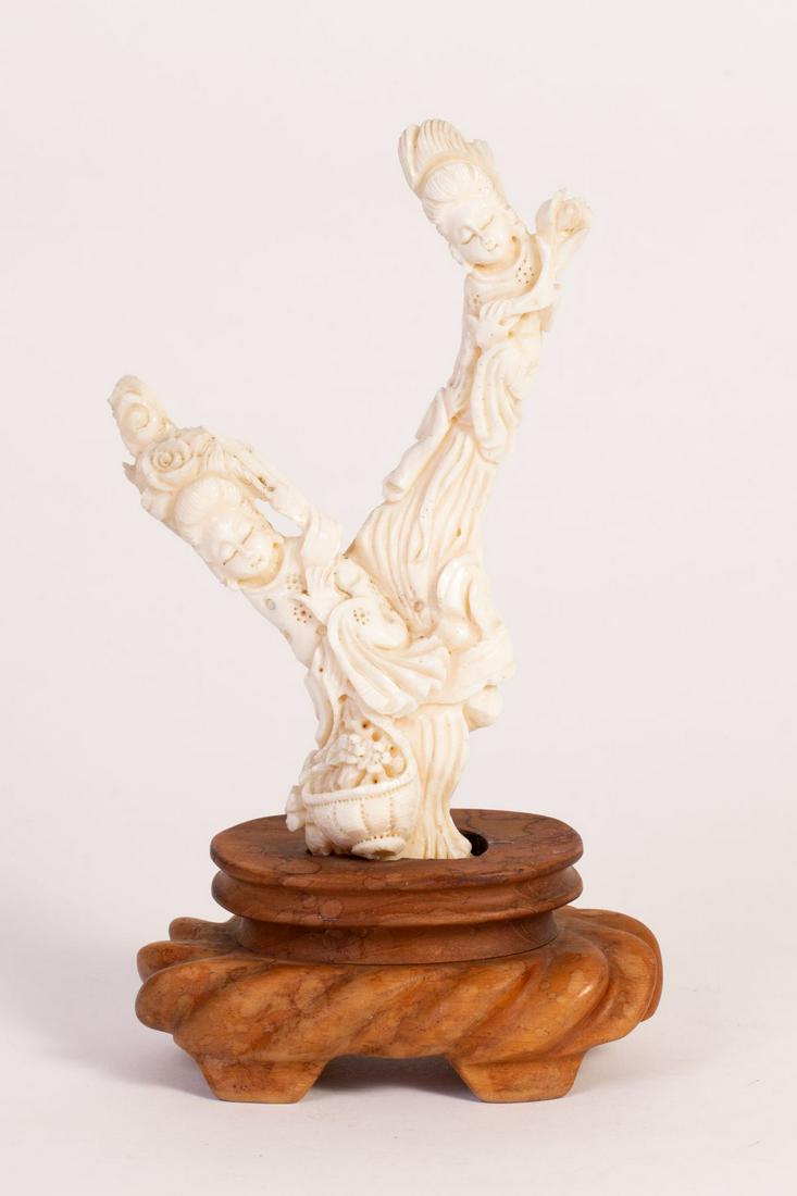 "Two Geishas" - Japanese Figurine Made of Carved White Coral (1 of 3)