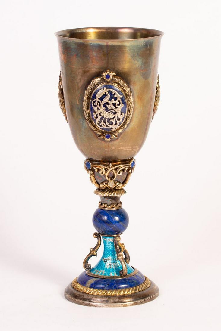 Impressive Silver Goblet Decorated w/ Enamel & Lapis lazuli (1 of 3)