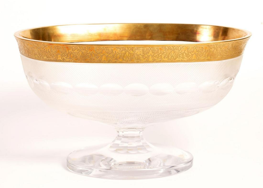 Crystal Glass Bowl Made by 'Moser': Crystal Glass Bowl Made by 'Moser', Splendid model. Has an oval shape and a lip decorated with a gilded stripe with burning in a pattern of plantation. Marked. Height: 20 cm, width: 34.5 cm.