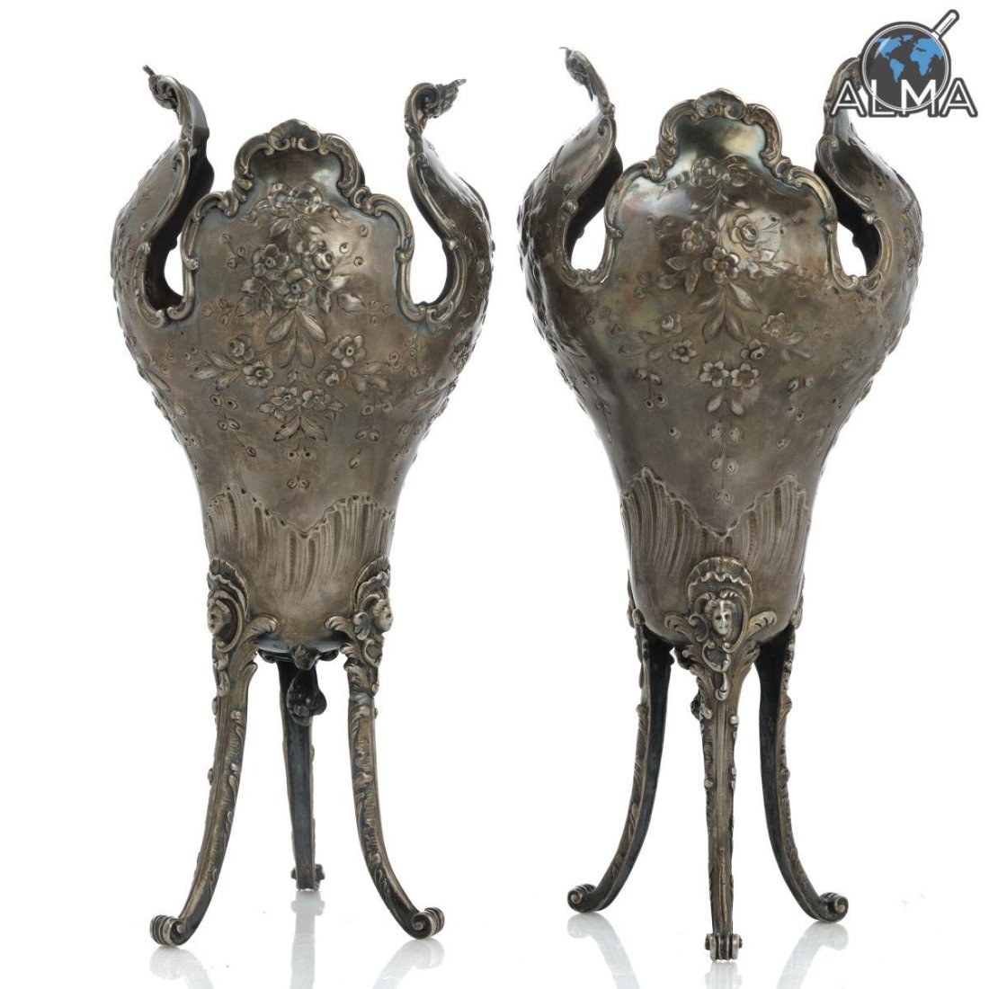 Pair of Antique German Silver 3 Leg Vases 19th c (1 of 5)
