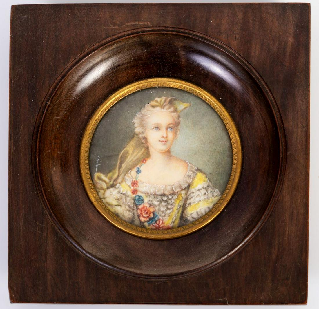 Assortment of 6 Miniature Portraits: Assortment includes six hand painted miniature portraits, different sizes and themes, among them: Venus and Cupid, Mozart, The Madonna after Filippo Lippi, etc. Most are apparently from end of 19th ce