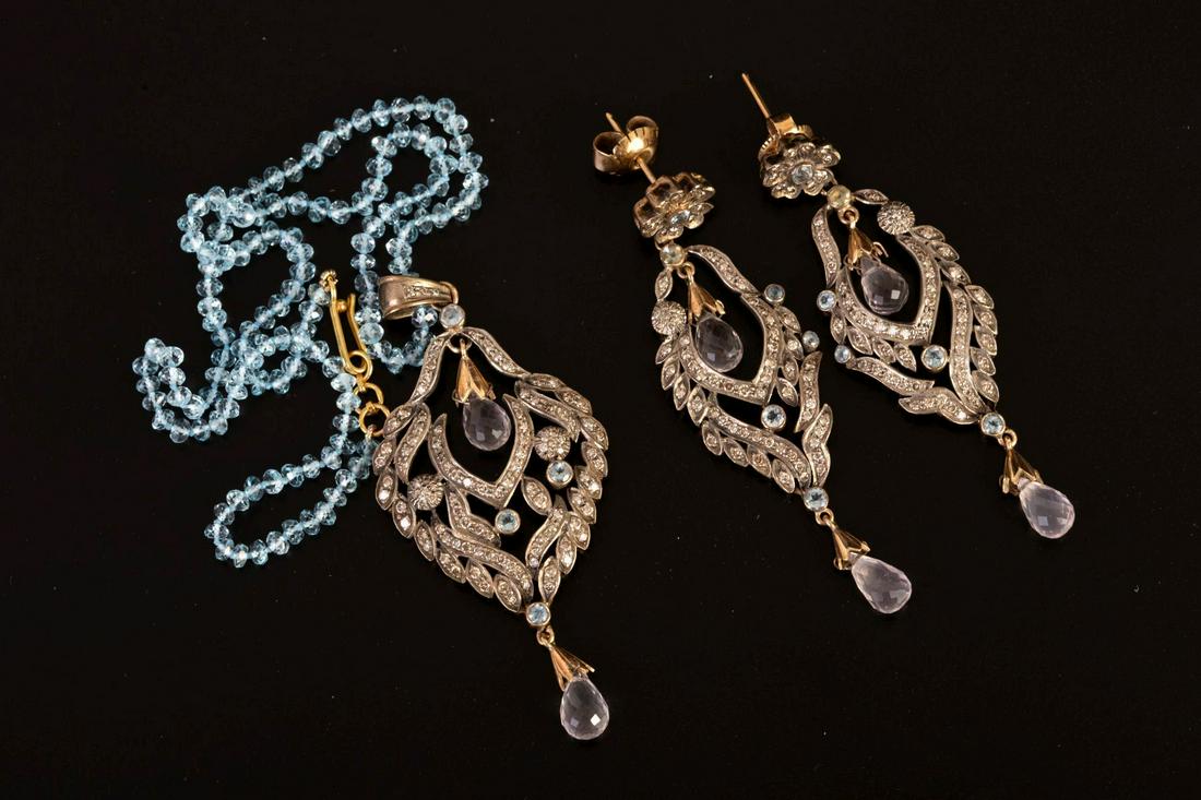 Set of Silver Necklace & Earrings Integrated w/ Gold, Diamonds, Aquamarine & Rose Quartz (1 of 3)