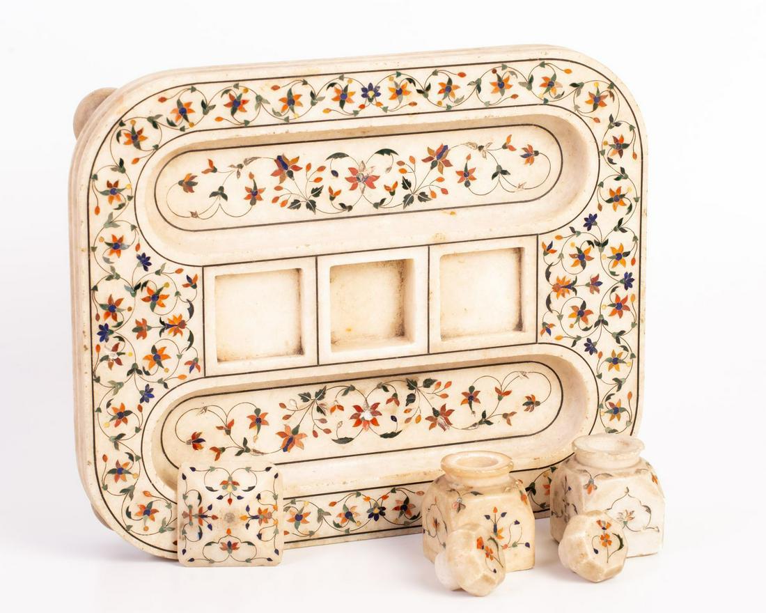 Antique Mogul-Style Marble Inkwell Decorated w/ Pietra Dura (1 of 4)