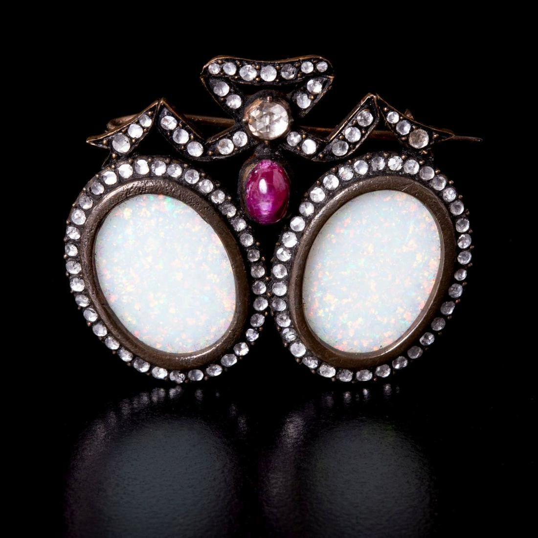 Unique Faberge-style Silver Brooch Set w/ Rose Cut Diamonds, Ruby & Opals (1 of 2)