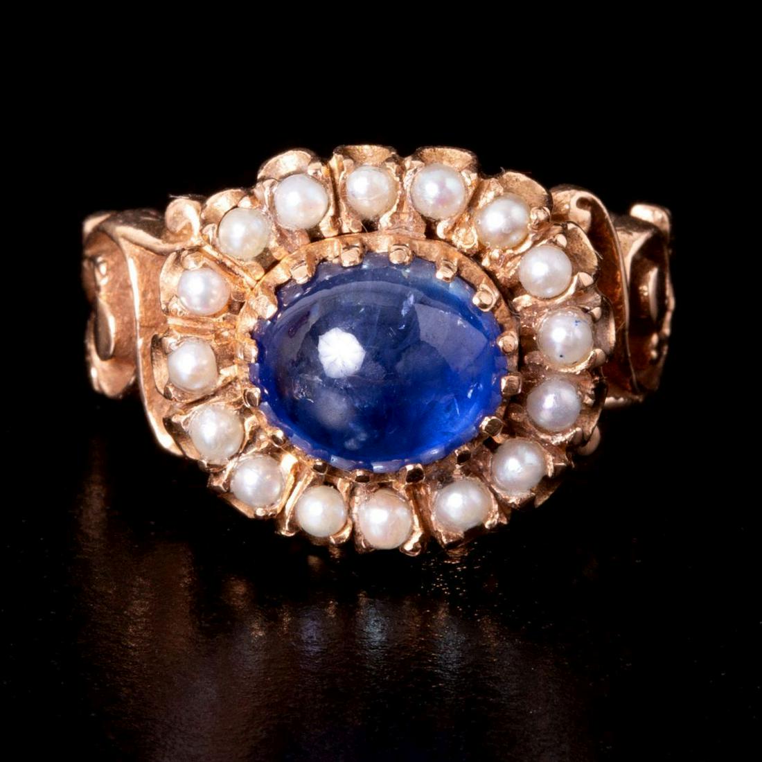 14K Gold Georgian Ring Set with Cabochon Sapphire & Pearls (1 of 5)