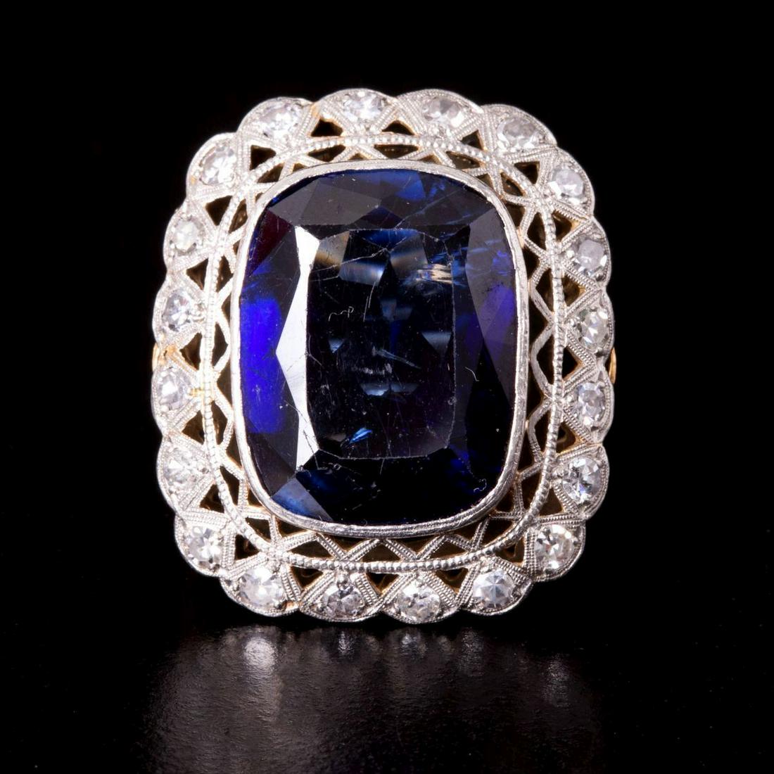 18K Gold Art-Deco Ring Integrated w/ Platinum Set w/ Blue Gemstone & Diamonds (1 of 4)
