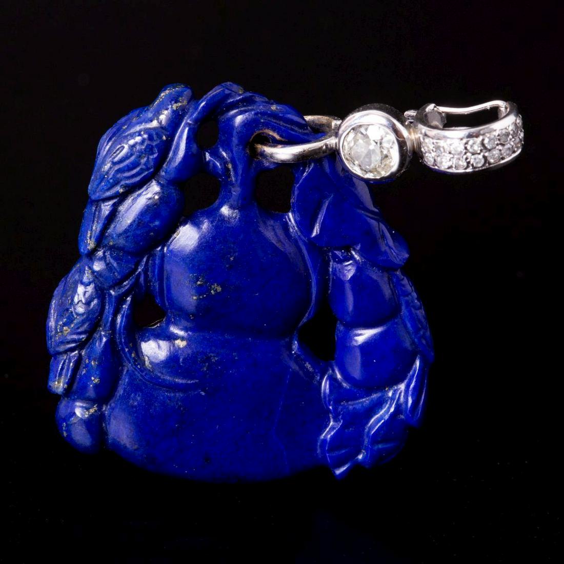 Stylish Chinese Carving Pendant Made of Lapis Lazuli w/ Diamonds (Central - 1.2 crt!) & 14K White (1 of 4)