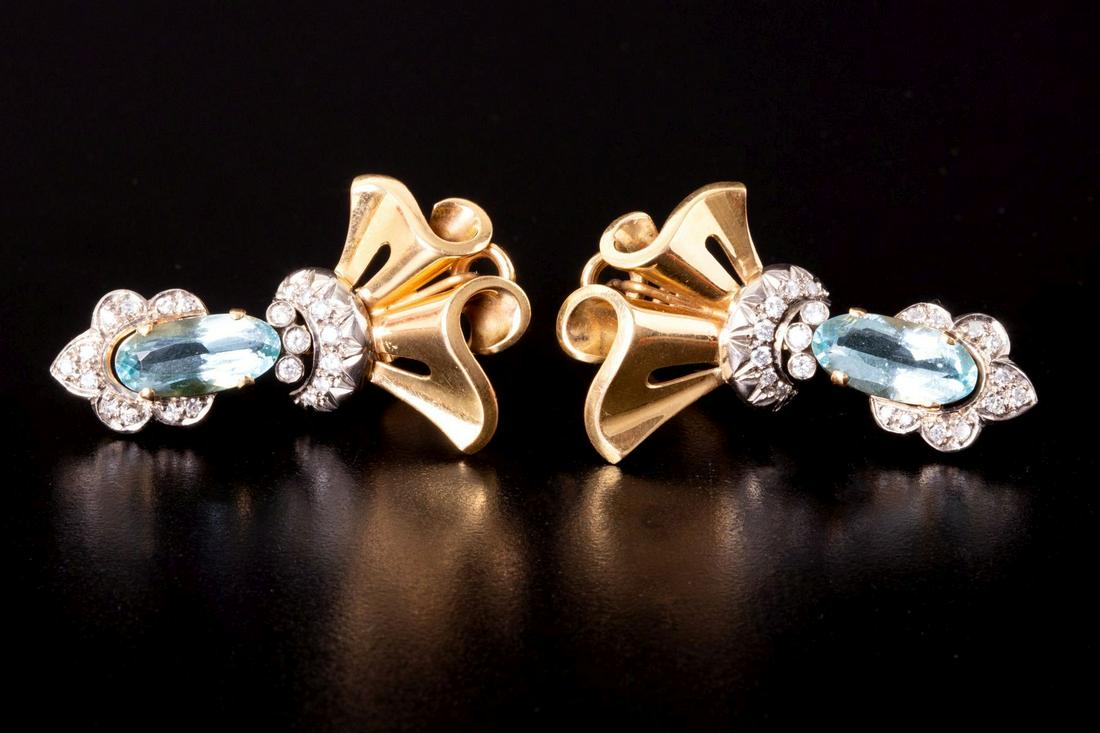Pair of Retro 18K Gold Earrings Integrated w/ Aquamarine & Diamonds (1 of 3)