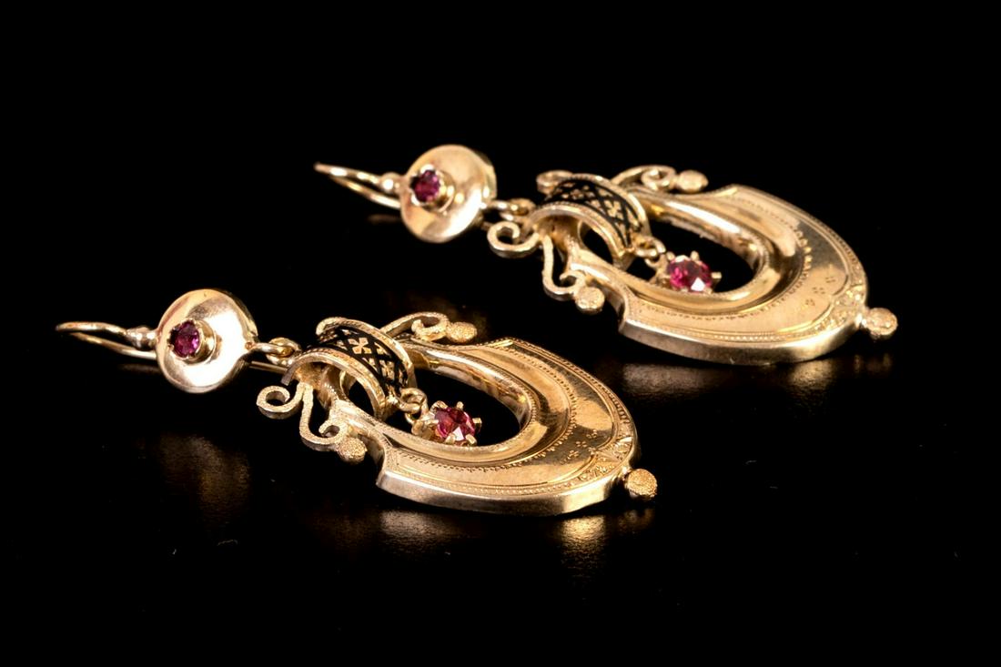 Pair of Victorian 18K Gold Earrings Decorated w/ Enamel & Tourmaline (1 of 4)
