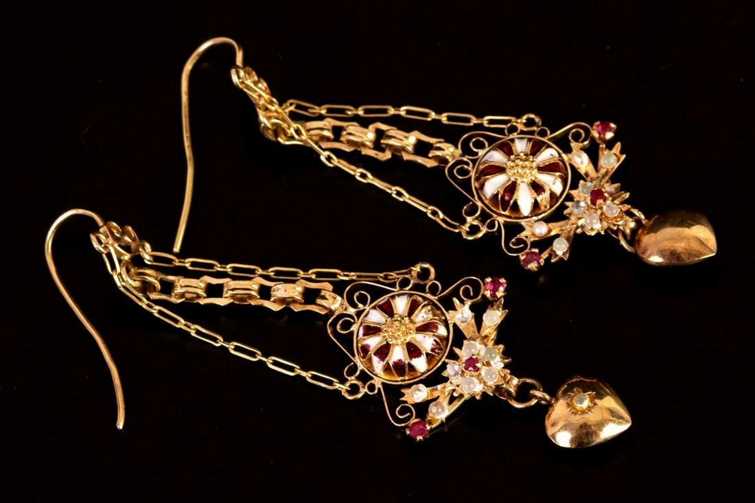 Pair of Victorian 18K Gold Earrings Decorated w/ Enamel, Ruby & Moonstone (1 of 3)